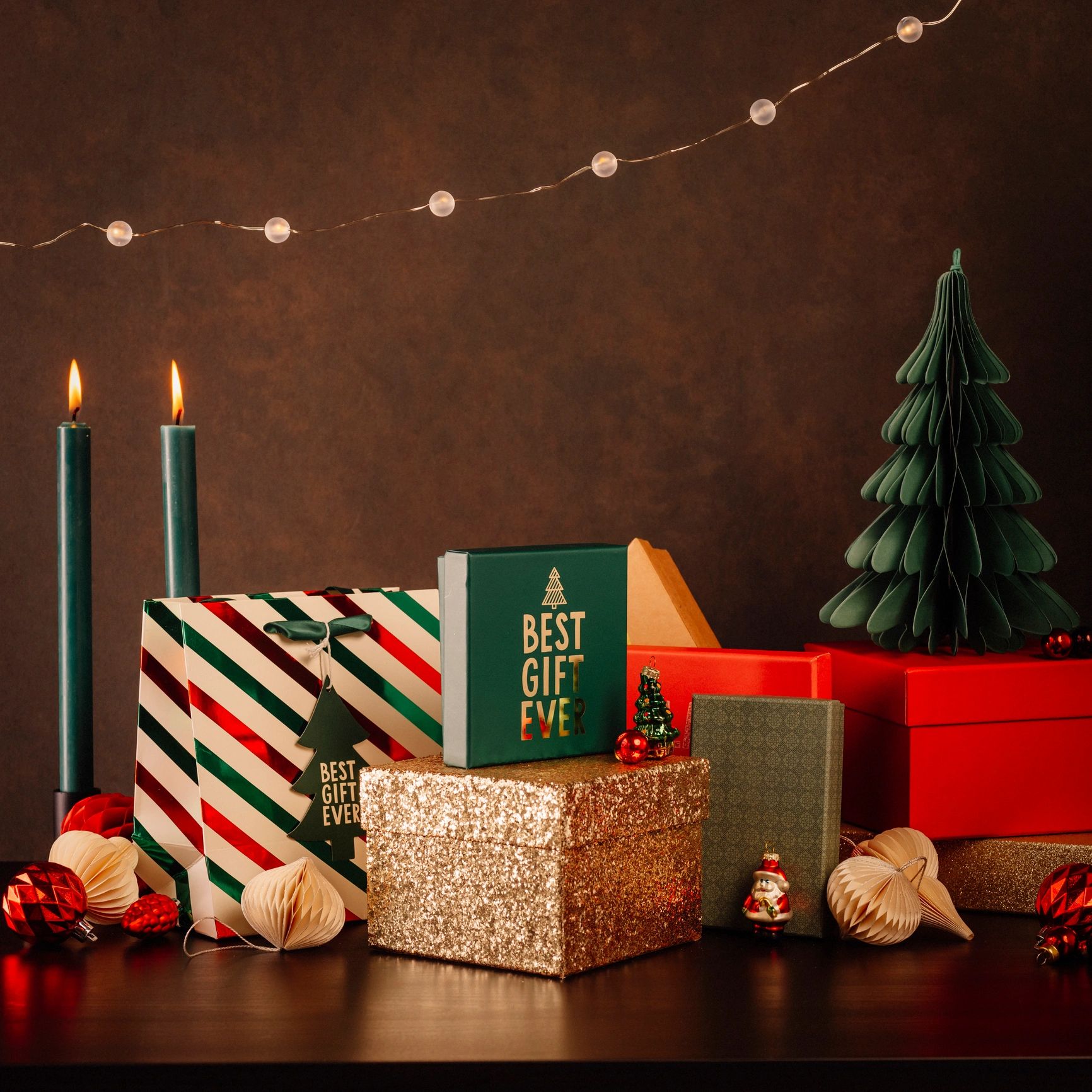 Gift items arranged in a boutique-style still life