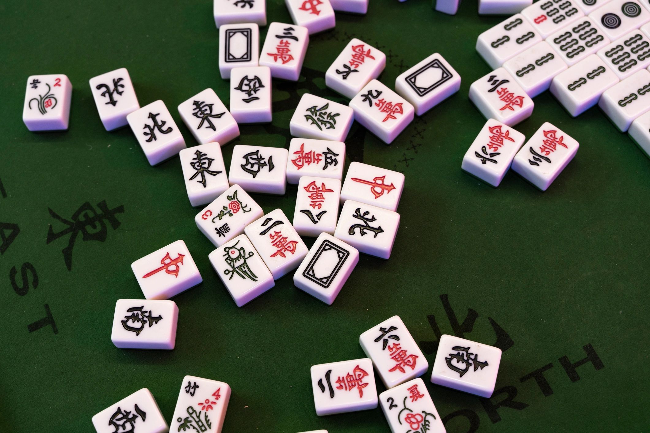 Mahjong tiles displayed neatly from above